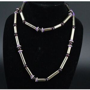 Coldwater Creek Necklace Purple Beads Rhinestone Goldplated Tubes 40" Long